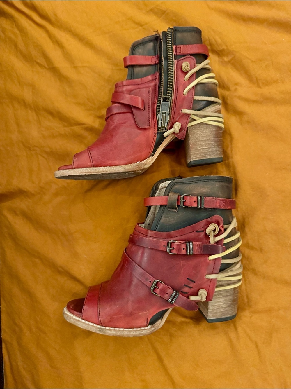 Freebird by Steven Red and Cream Open-Toe Strappy Ankle Booties - Picture 5 of 9